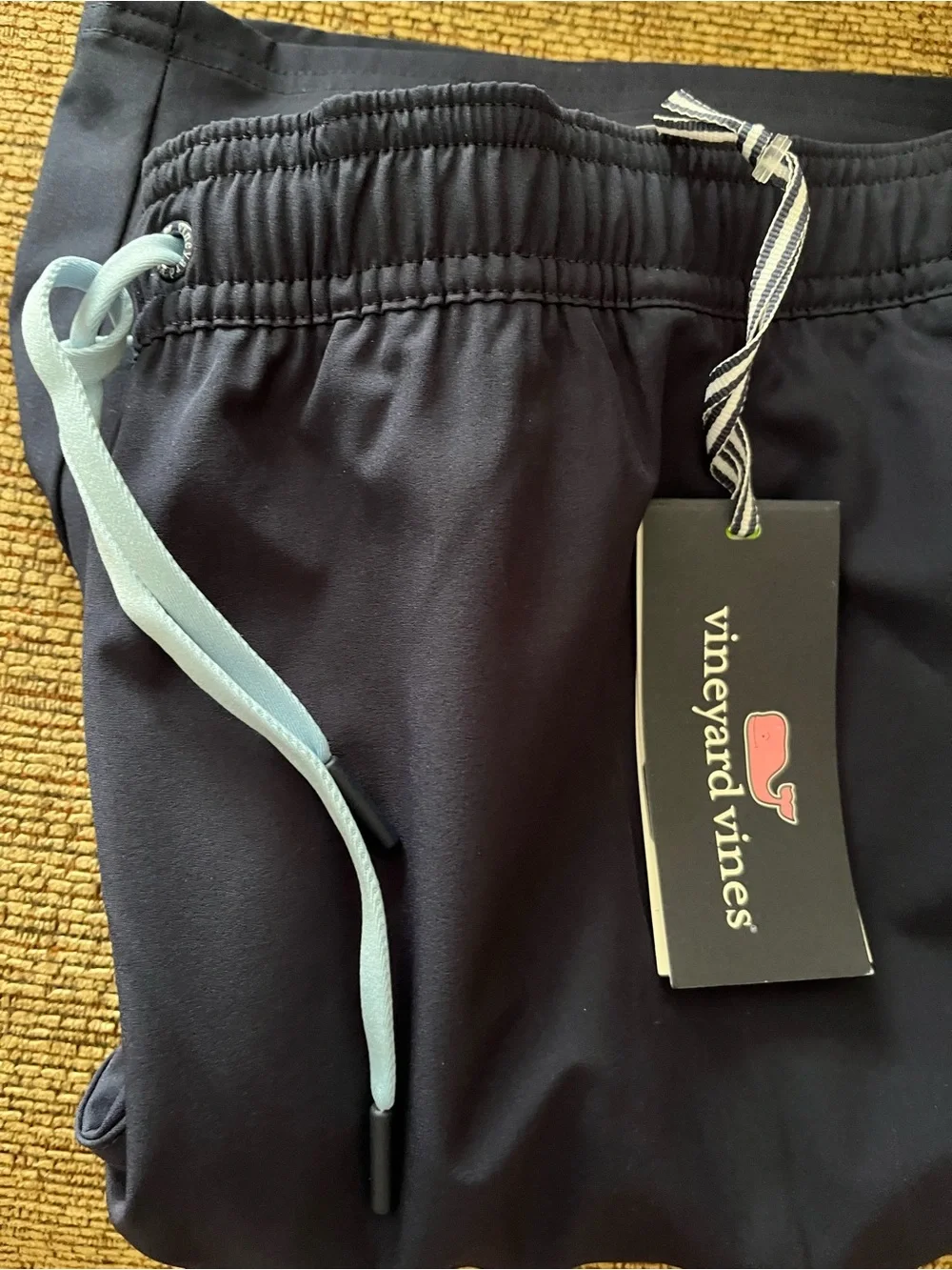 Vineyard Vines Navy Swim Chappy Trunks with Light Blue Drawstring